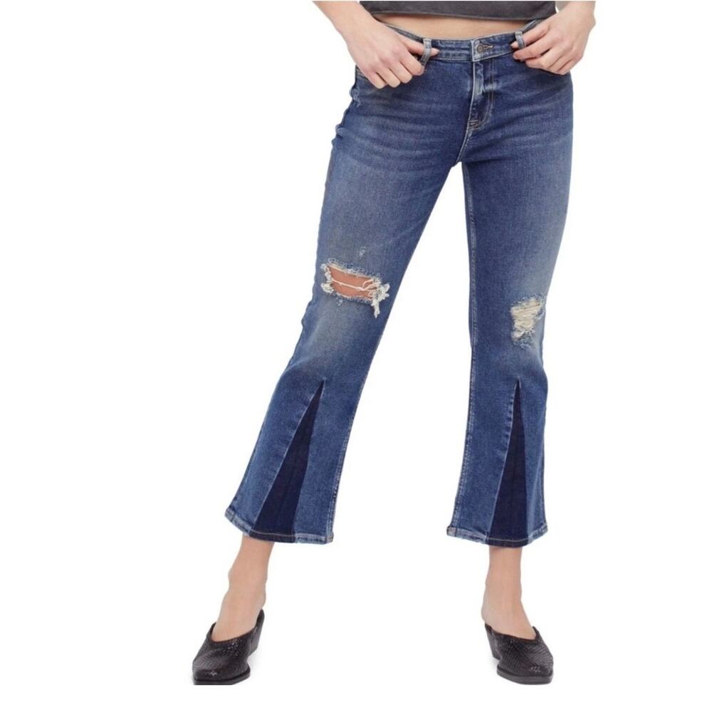 Free People Colorblock Cropped Distressed Flare Jeans Size 8/29